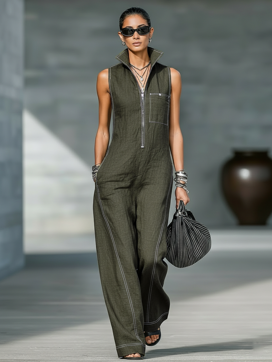 Linen Sleeveless Wide Leg Jumpsuit with Zipper Front and Contrast Stitching