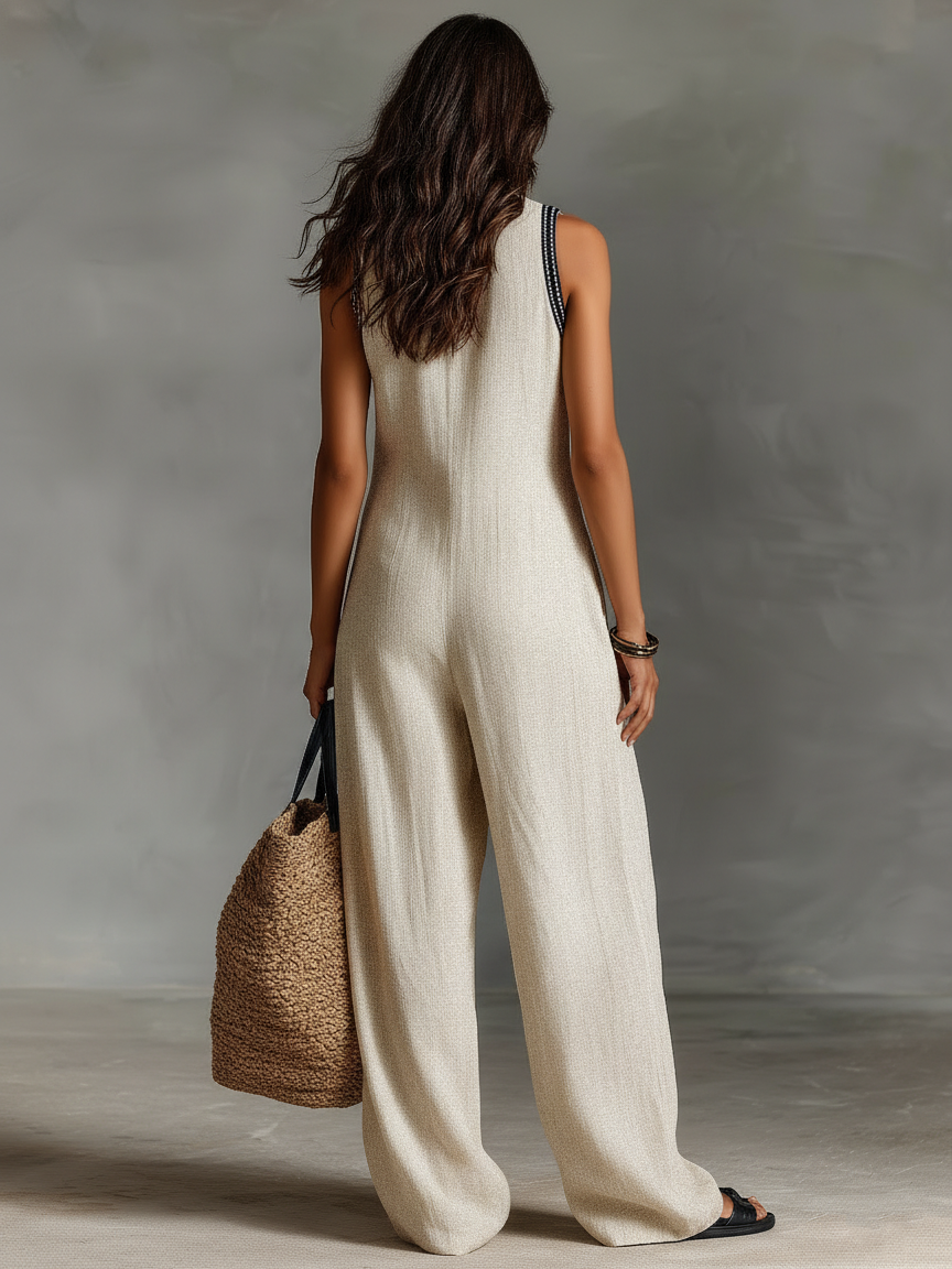 Sleeveless Embroidered V Neck Loose Wide Leg Jumpsuit