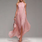 Abito lungo in chiffon svolazzante con scollo all'americana