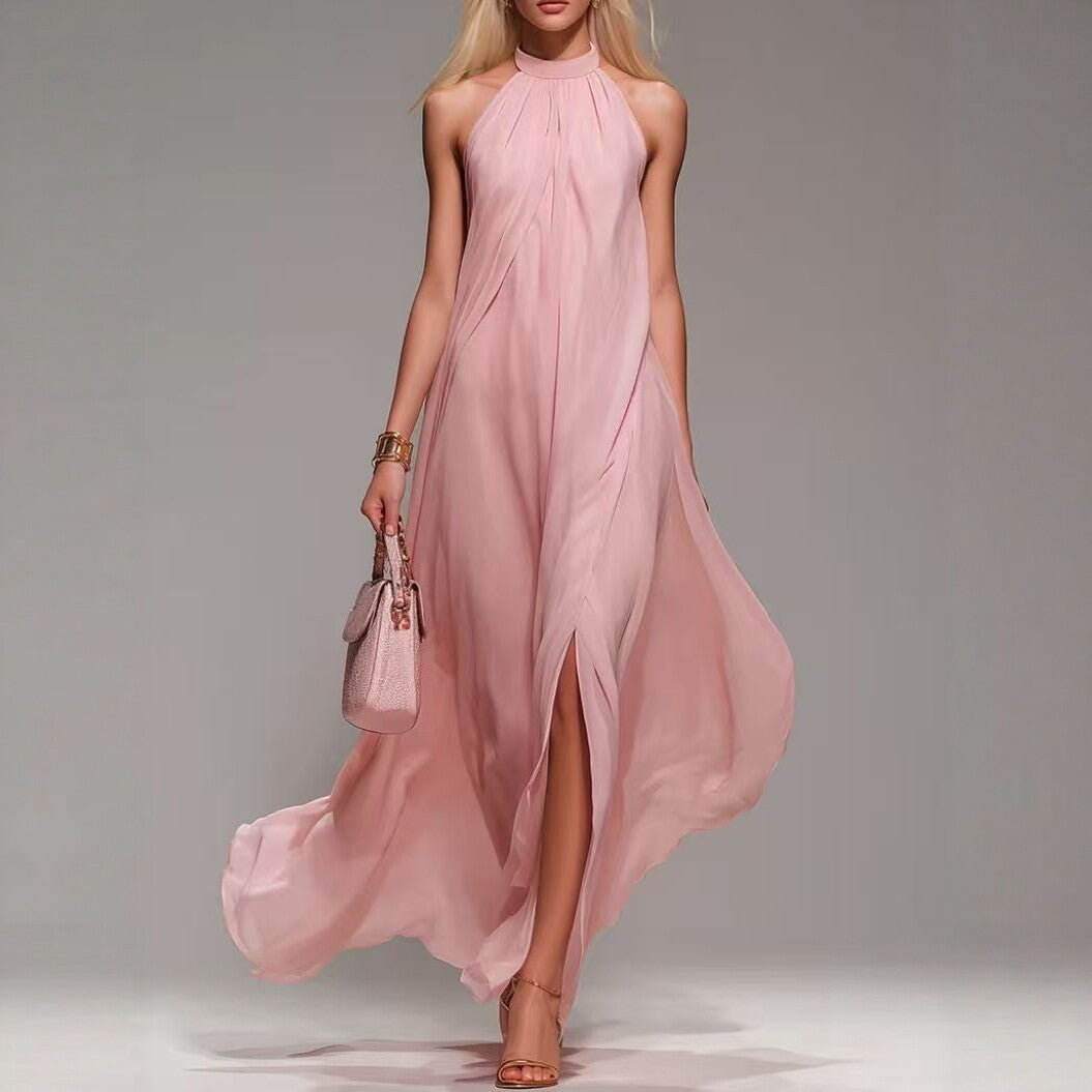 Halter Neck Flowy Chiffon Maxi Dress