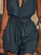Baumwoll-Denim bestickter ärmelloser Overall mit Tunnelzug in der Taille und Boho-Stil