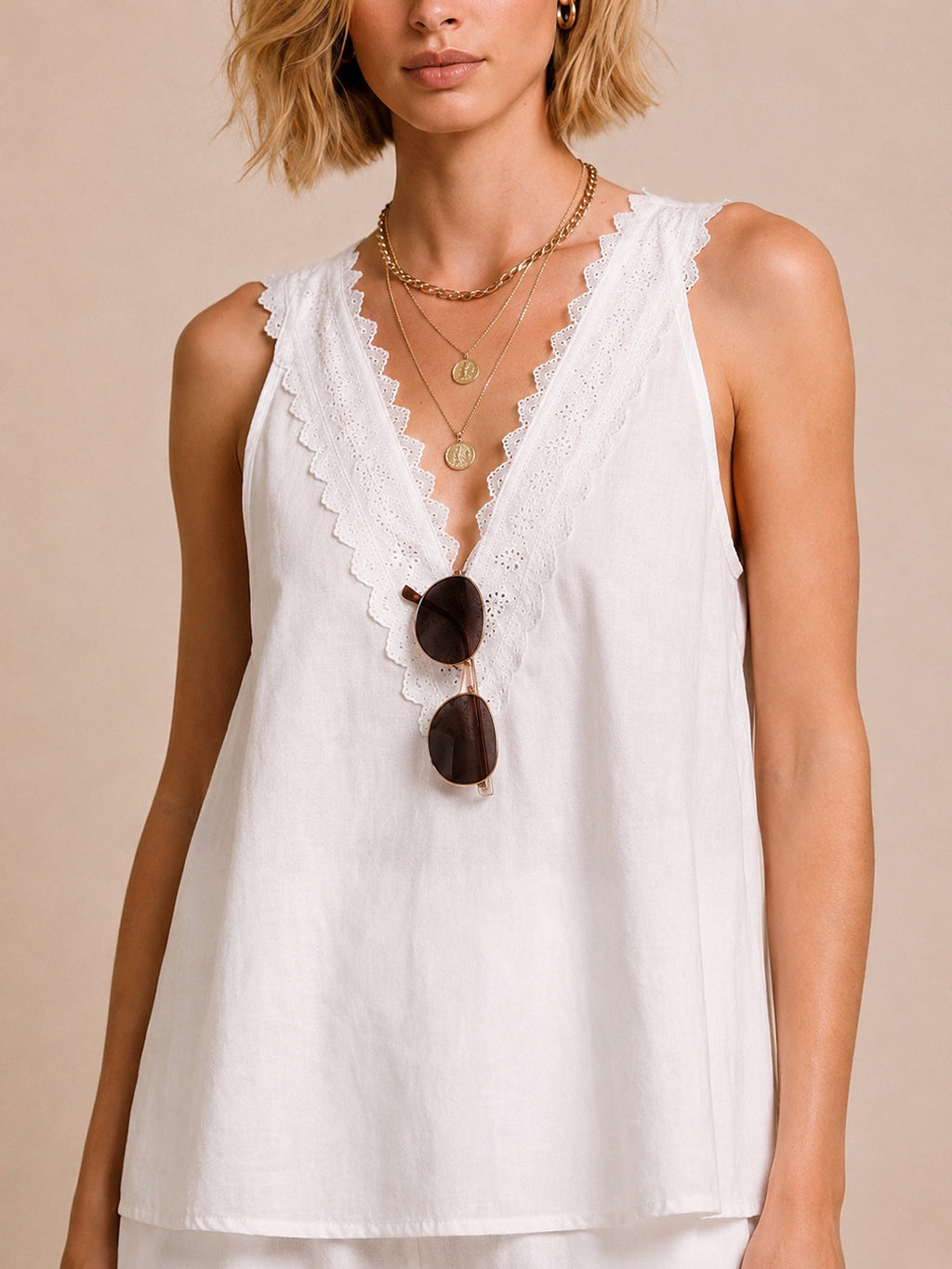White Linen-Blend Sleeveless Top & Shorts Set with Embroidered Lace V-Neck