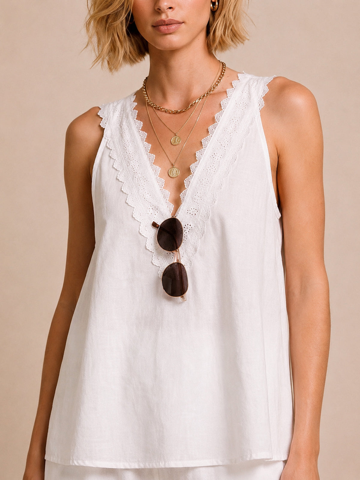 White Linen-Blend Sleeveless Top & Shorts Set with Embroidered Lace V-Neck