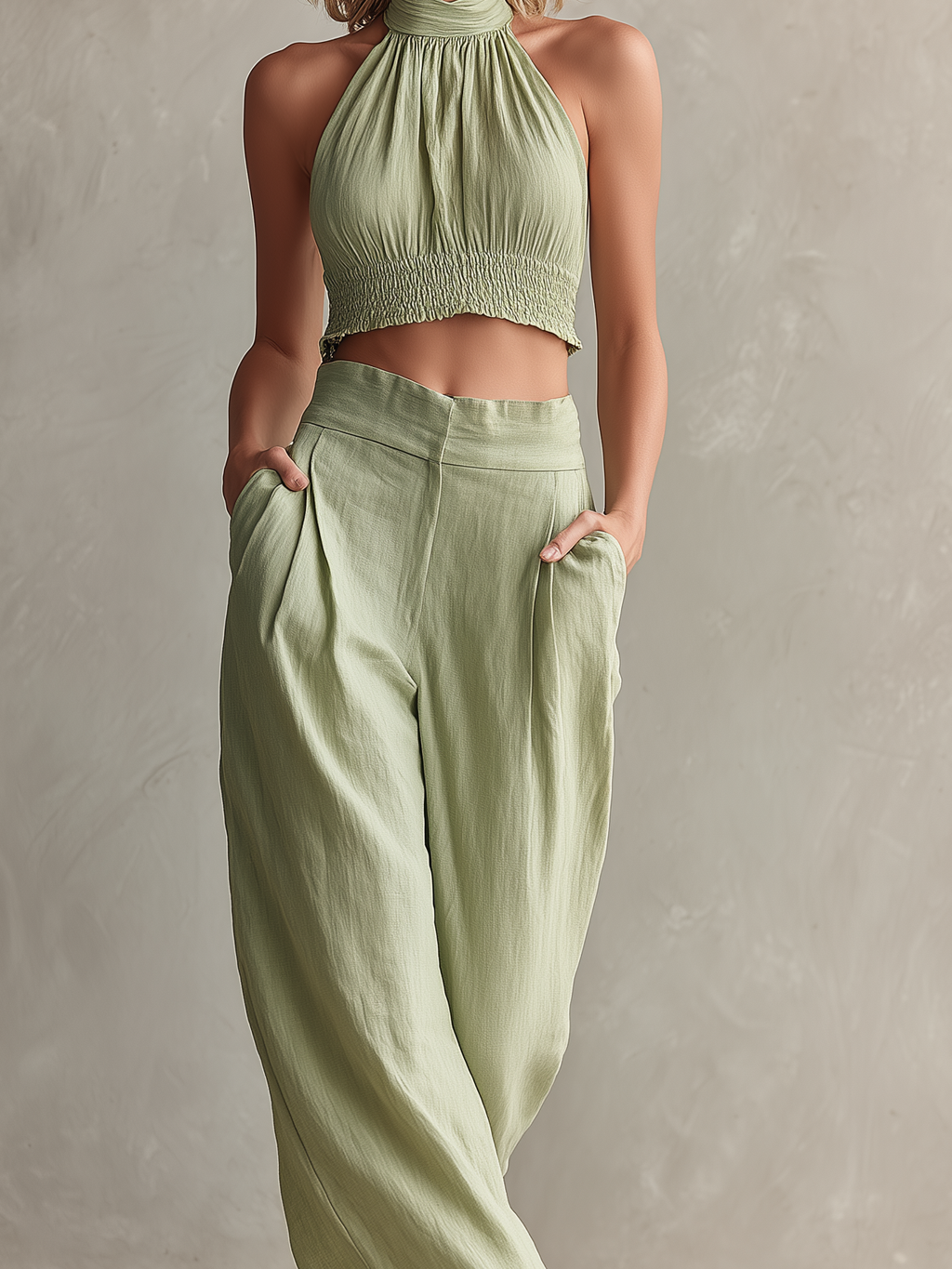 Linen Halter Crop Top & Wide Leg Pants Set - Lightweight Summer Outfit for Women