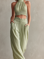 Conjunto de top corto halter de lino y pantalones de pierna ancha - Conjunto ligero de verano para mujer