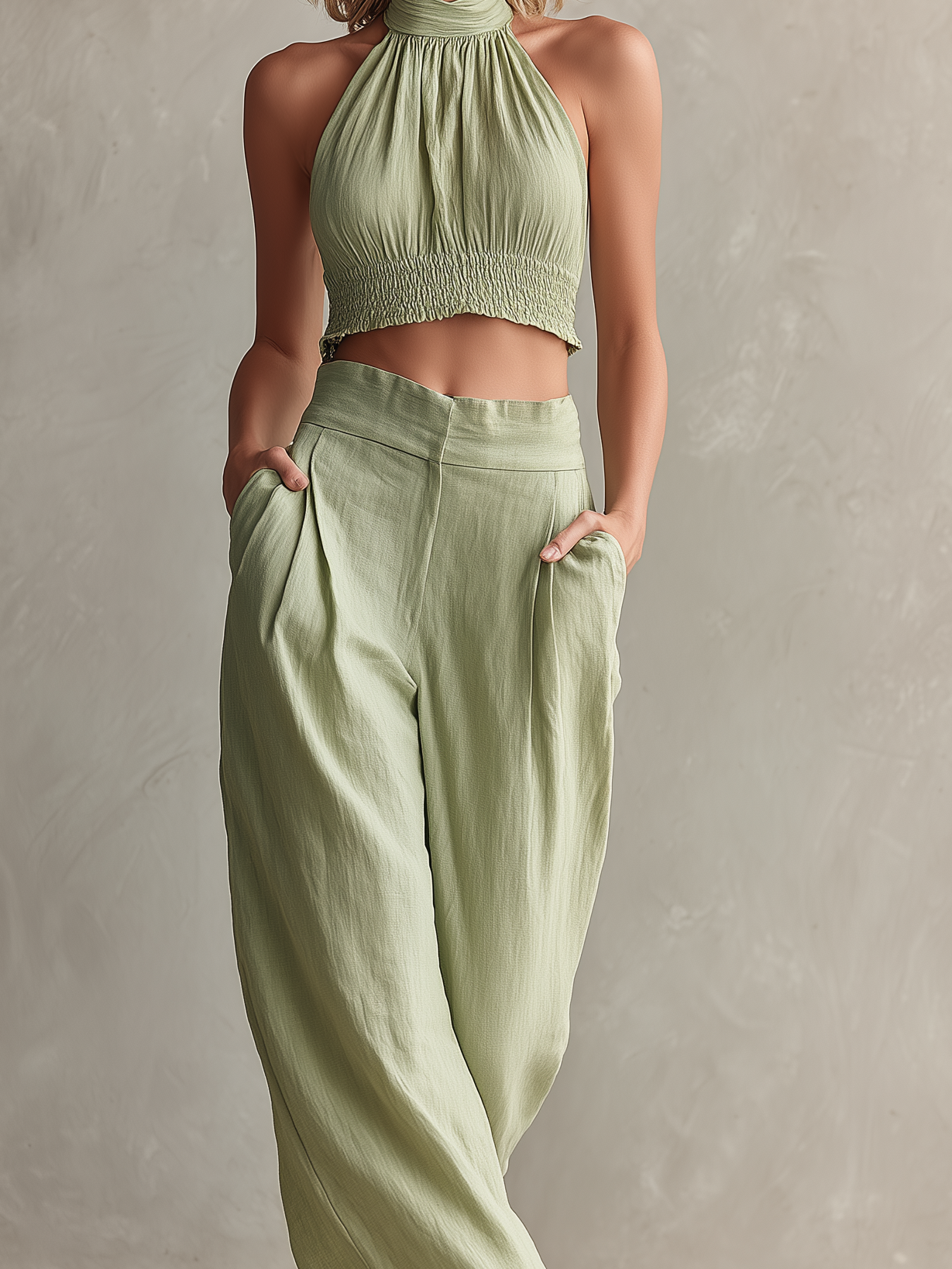 Linen Halter Crop Top & Wide Leg Pants Set - Lightweight Summer Outfit for Women