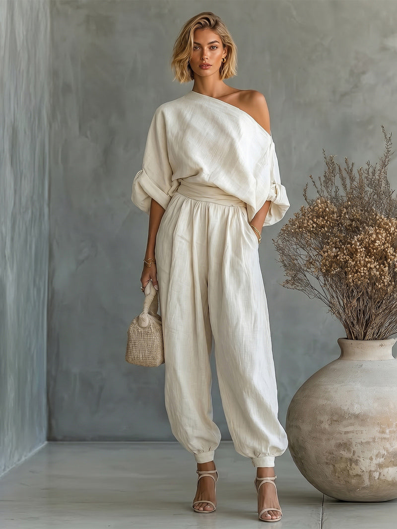 One Shoulder Loose Top and Wide Leg Pants Two Piece Set