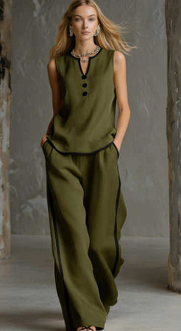 Contrast Trim Linen Sleeveless Top & Wide-Leg Pants Set
