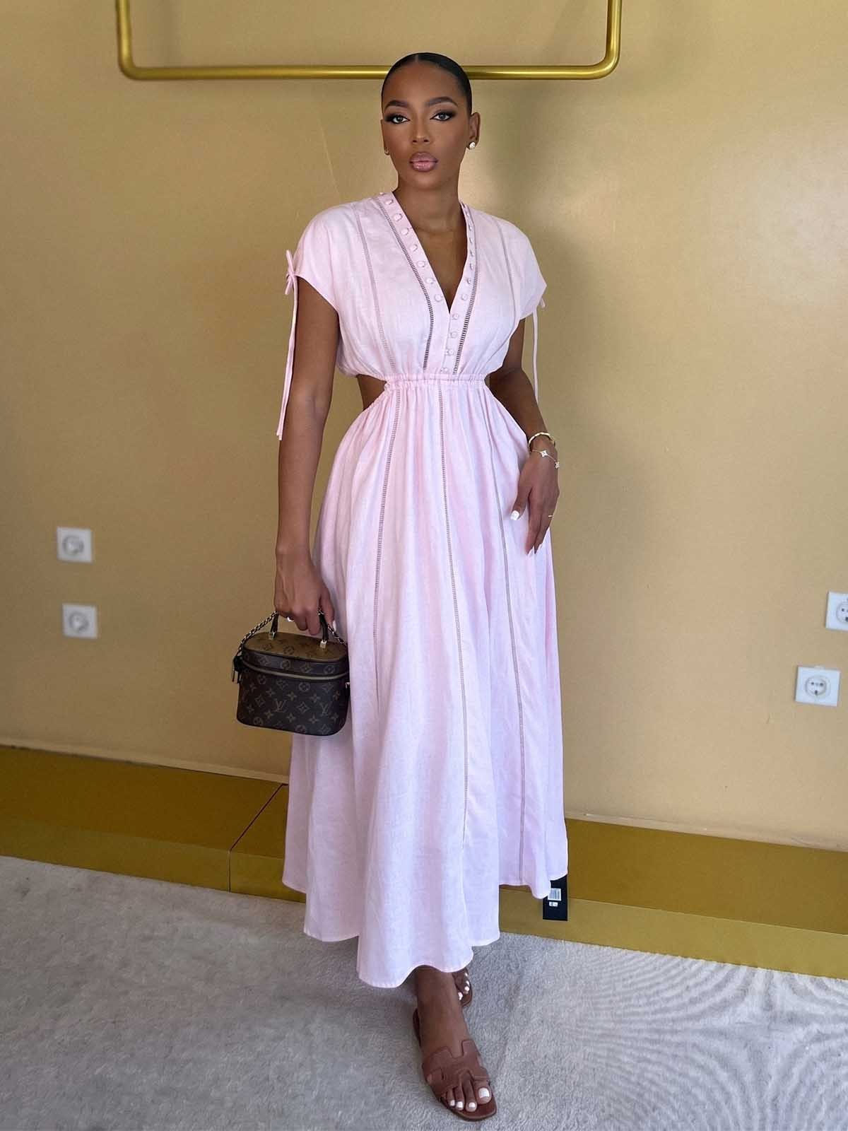 Linen V Neck Cut Out Midi Dress