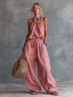 Conjunto de lino para mujer: top halter estilo boho y pantalón de pierna ancha - Conjunto casual de verano de dos piezas de corte holgado.