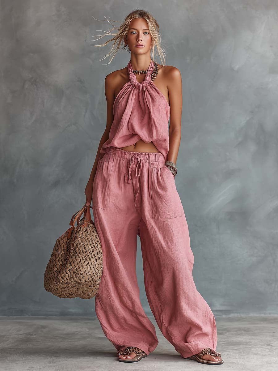 Linen Women's Boho Halter Top and Wide Leg Pants Set - Summer Casual Loose Fit Two Piece Outfit