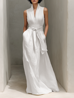 Vestido largo de lino para mujer, sin mangas, con escote en V, cruzado, con cinturón, estilo bohemio, vaporoso, ideal para el verano.