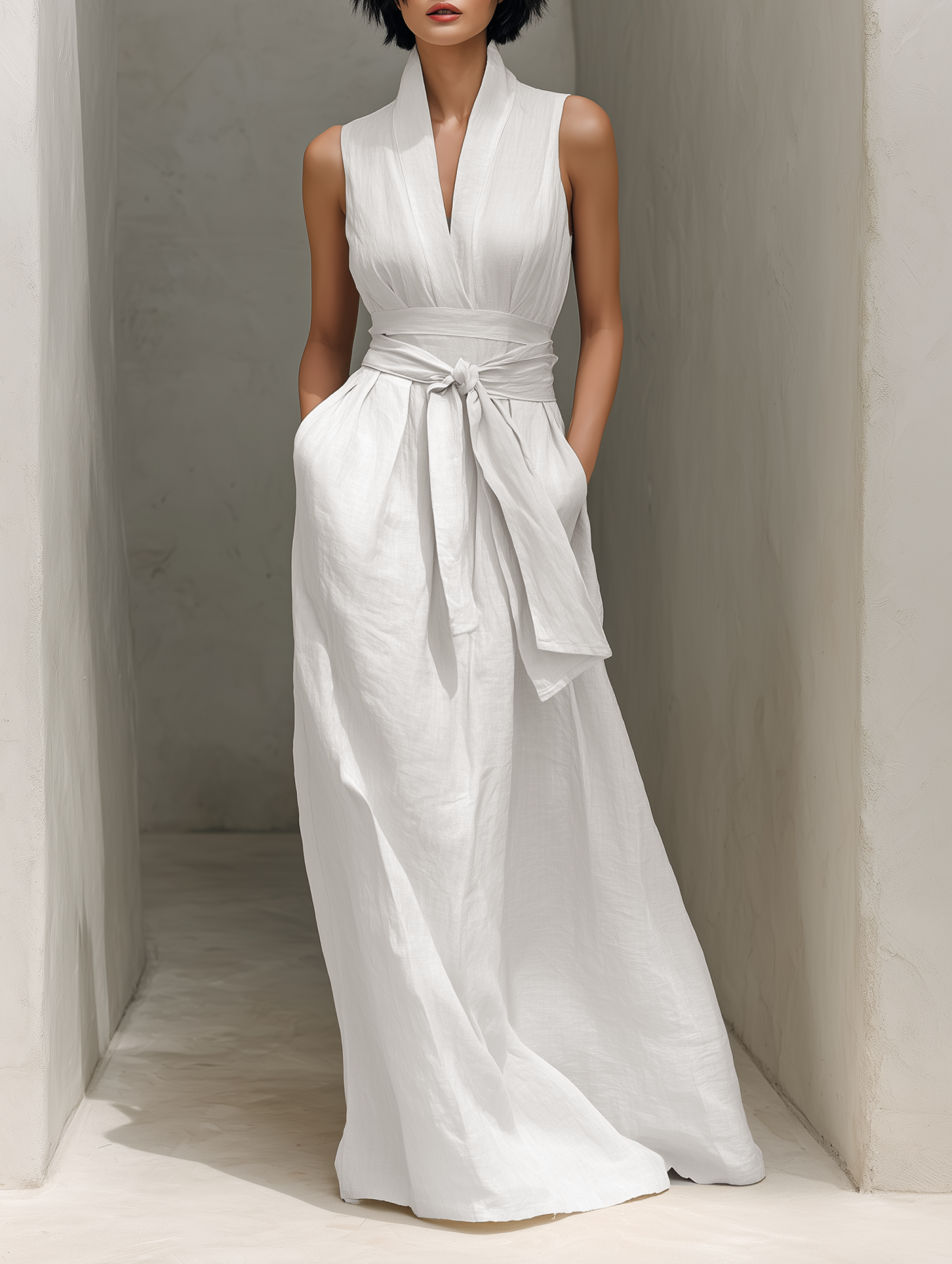 Linen Maxi Dress Women Sleeveless V-Neck Wrap Belted Long Flowy Boho Summer Dress Elegant White Robe