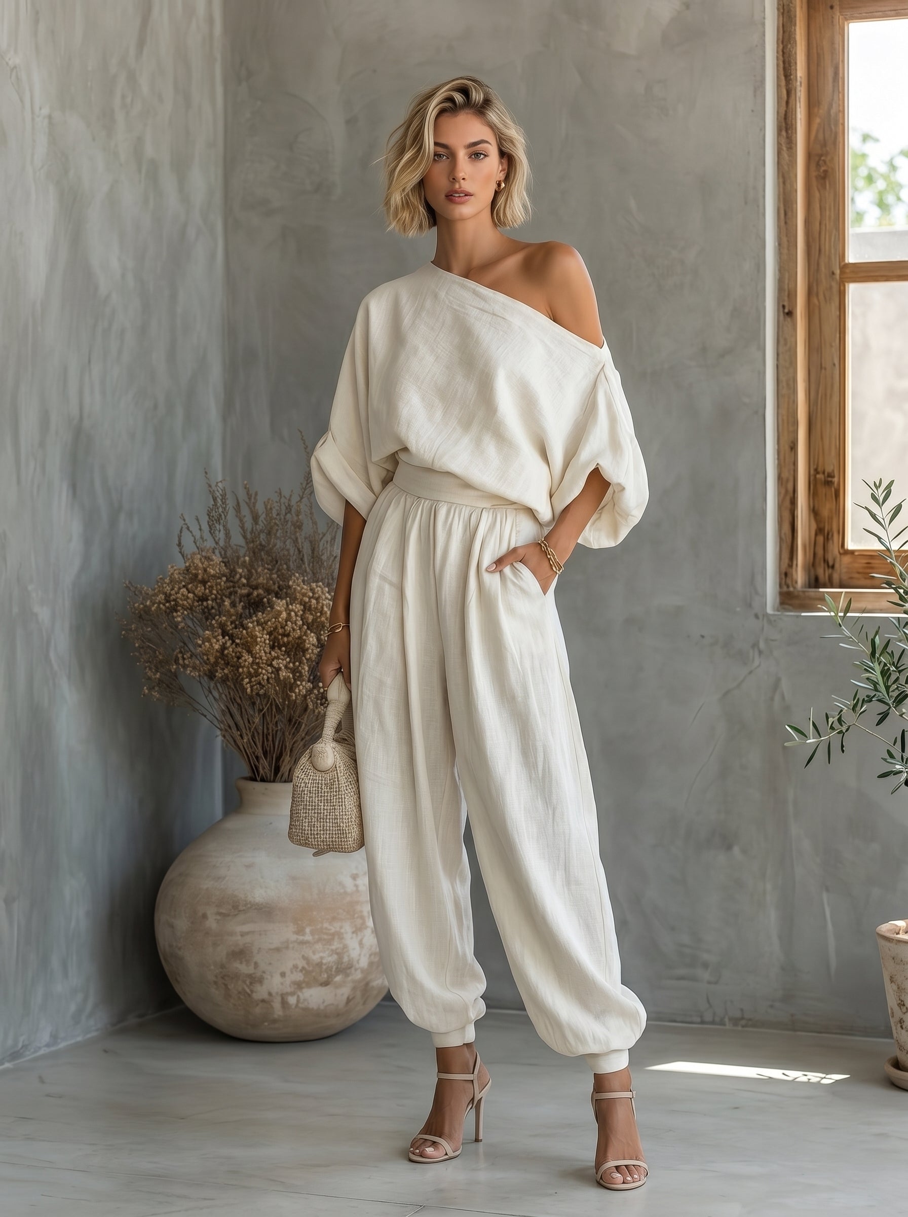 One Shoulder Loose Top and Wide Leg Pants Two Piece Set