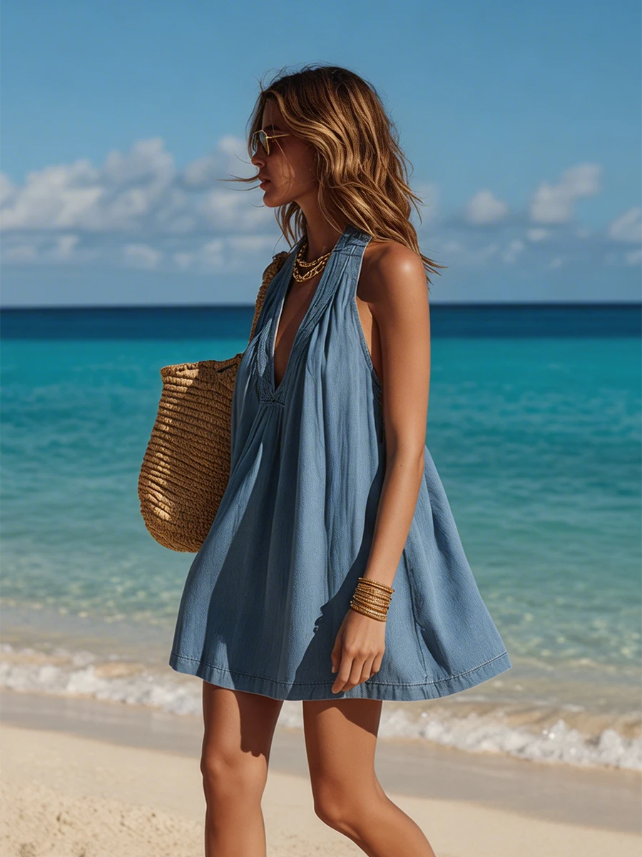 Chic Vacation Sleeveless A-Line Blue Denim Mini Dres