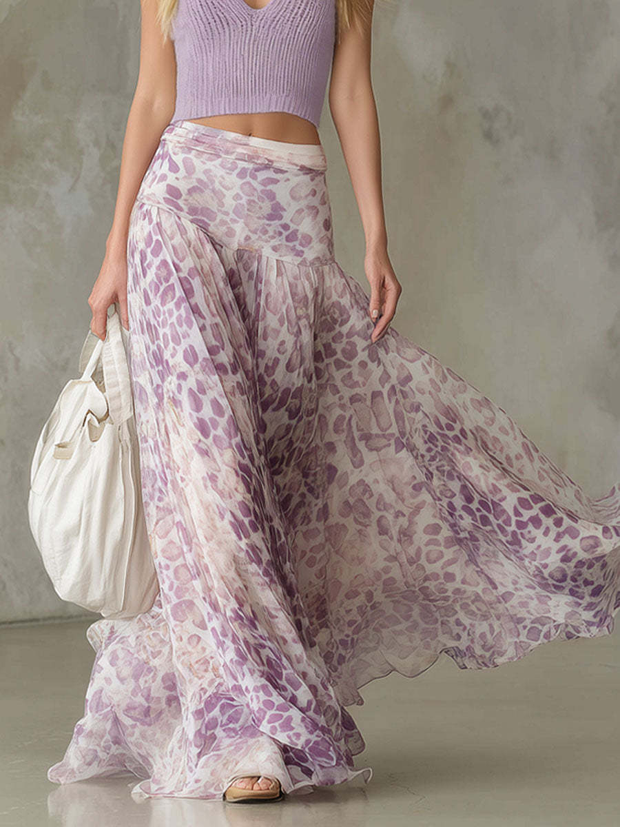 Lavender Printed Chiffon Maxi Skirt with Flowy Layered Design for Women