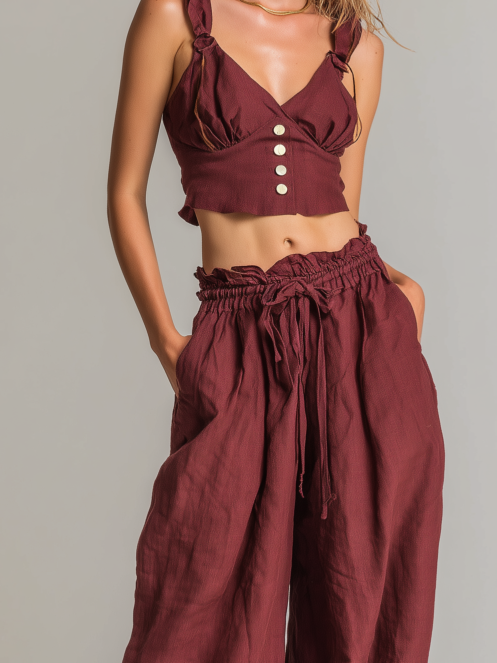 Linen Wide Leg Pants Set Women's Boho Style Maroon Crop Top and Palazzo Pants Loose Comfortable Summer Outfit