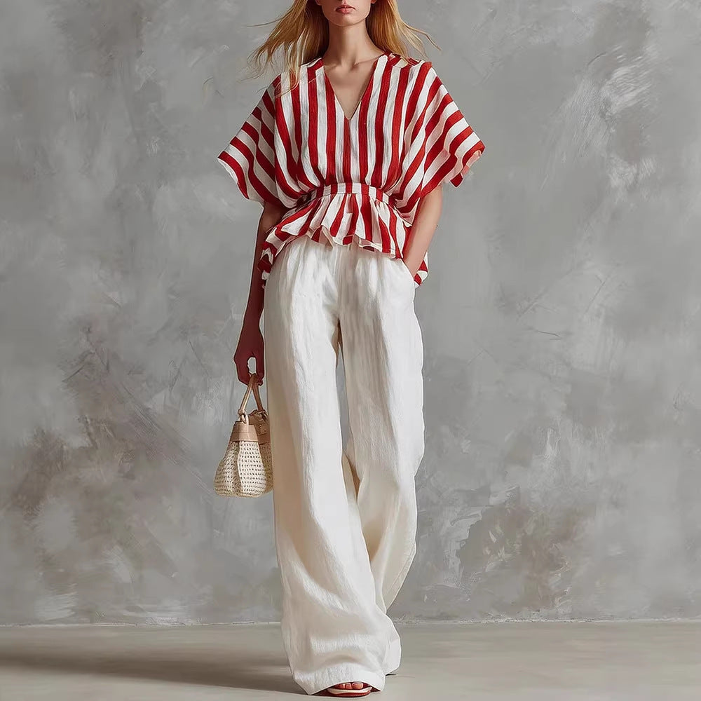 Striped V-Neck Peplum Top & Wide-Leg Pants Set
