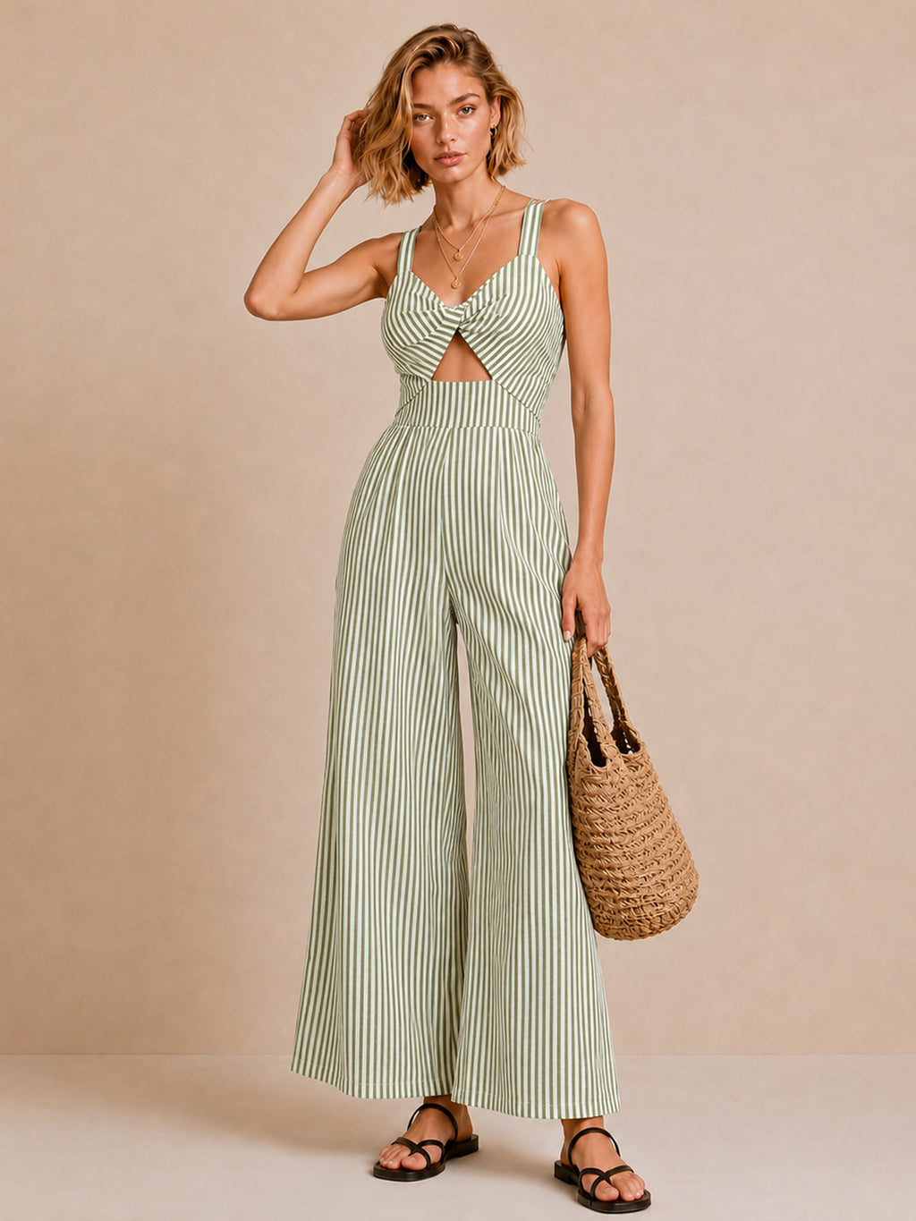 Striped Twisted Cutout Wide Jumpsuit