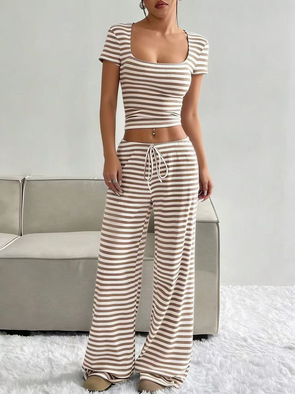 Striped Crop Top Wide Leg Pants Set