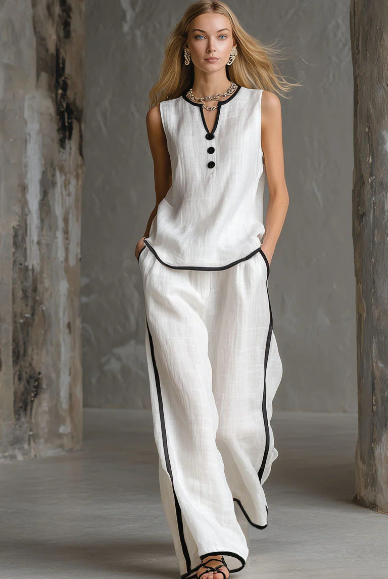 Contrast Trim Linen Sleeveless Top & Wide-Leg Pants Set