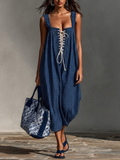 Cotton Polka Dot Maxi Dress with Lace-Up Front and Square Neckline