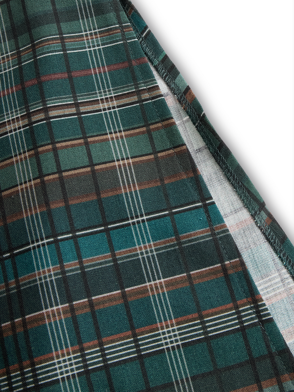 Cotton Plaid Long Shirt Dress with Button-Down Front and Deep V-Neckline