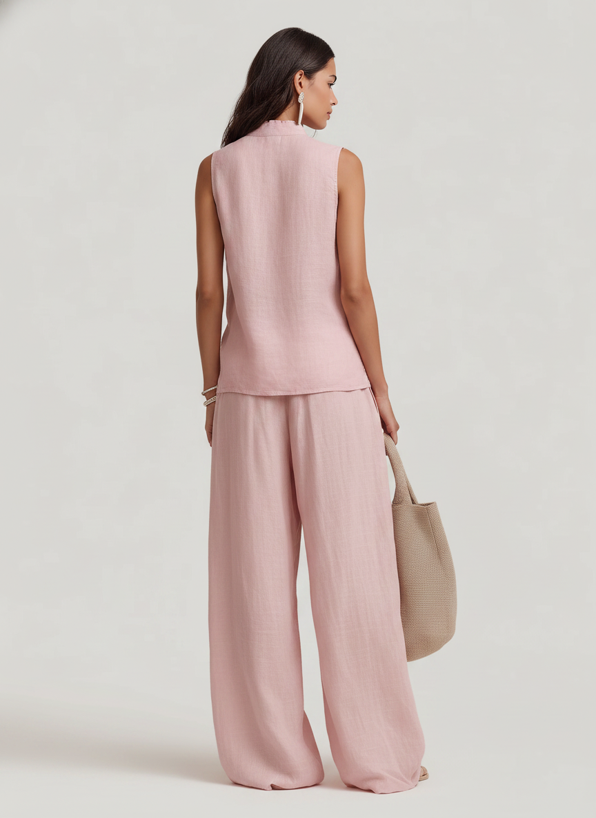 Linen Sleeveless Button-Up Top and Wide-Leg Pants Set for Women - Comfortable, Breathable, Casual Summer Outfit