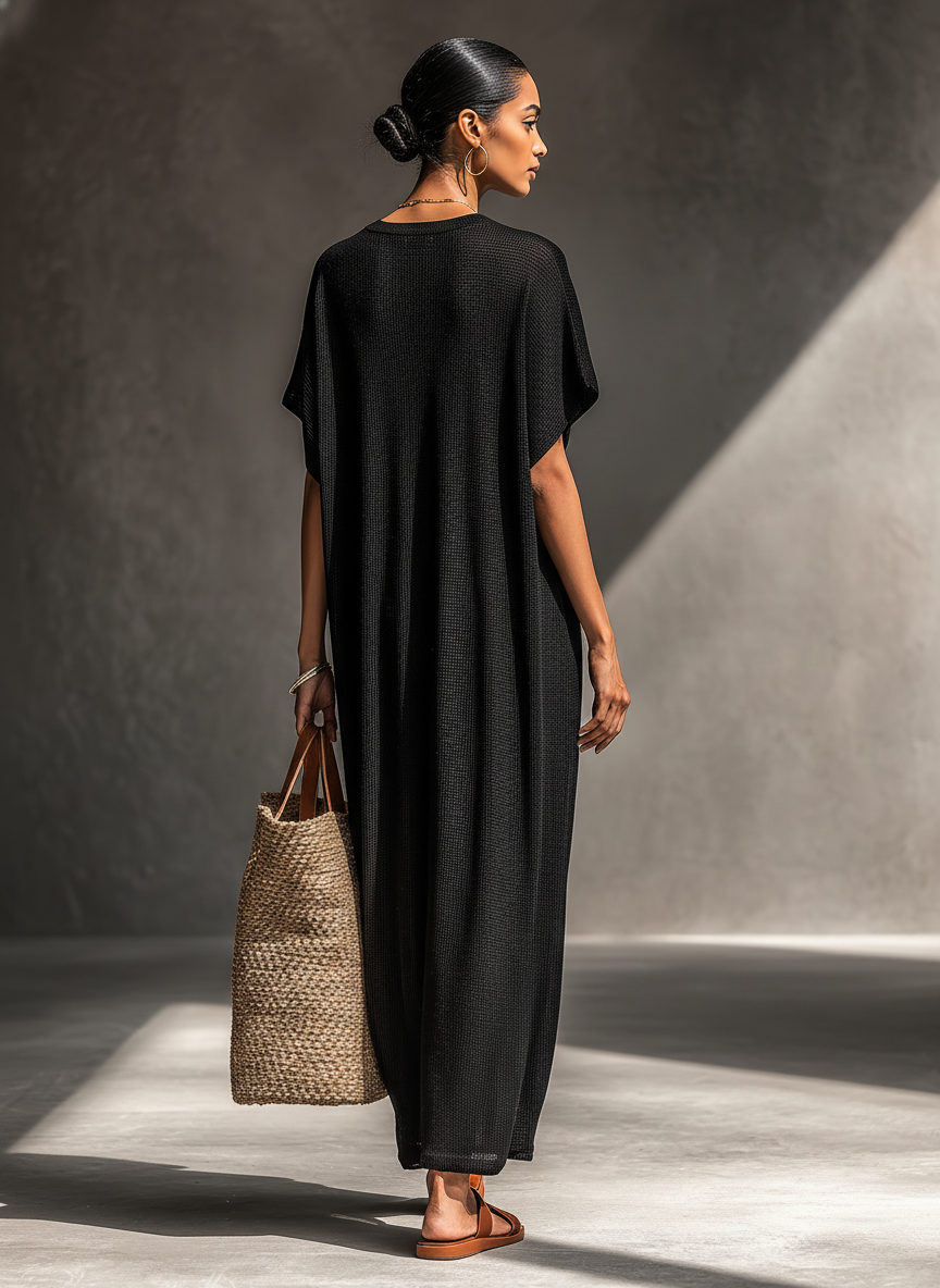 Knitted Cotton Maxi Dress with Loose Fit and Short Sleeve for Women