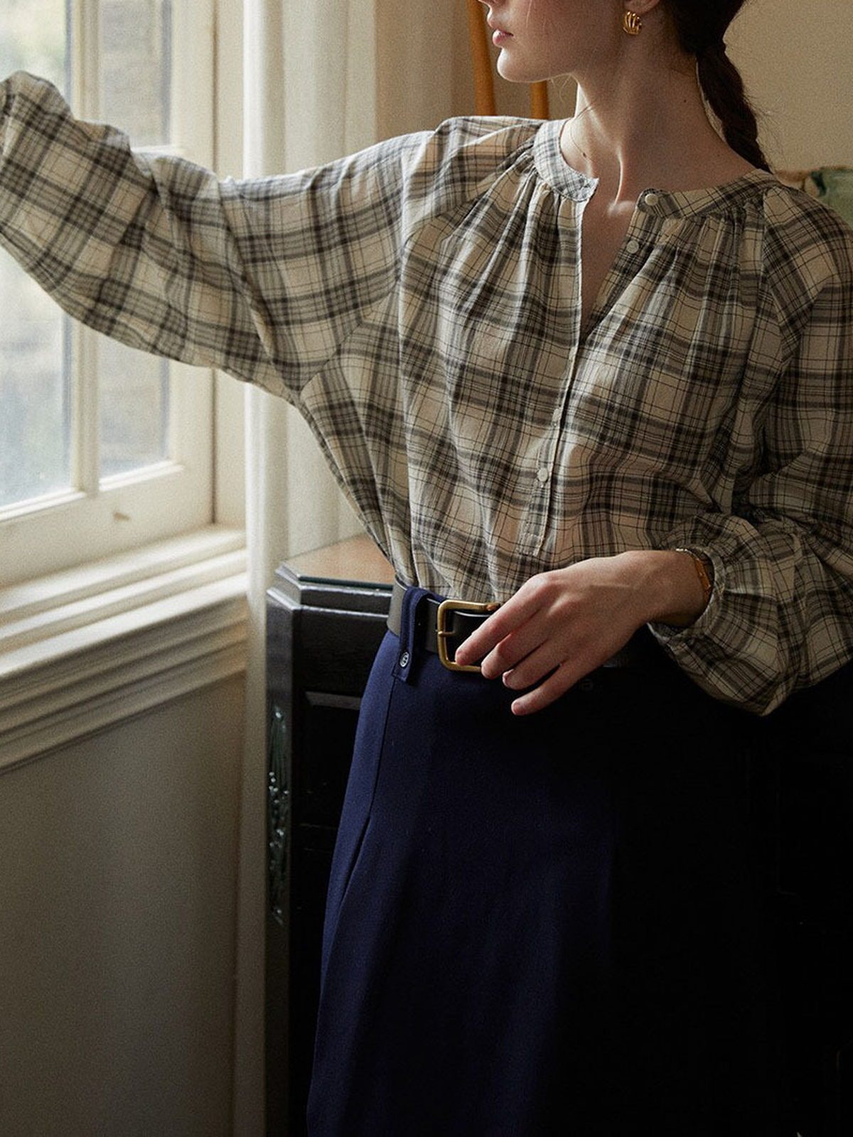 Gathered-Neck Plaid Blouse