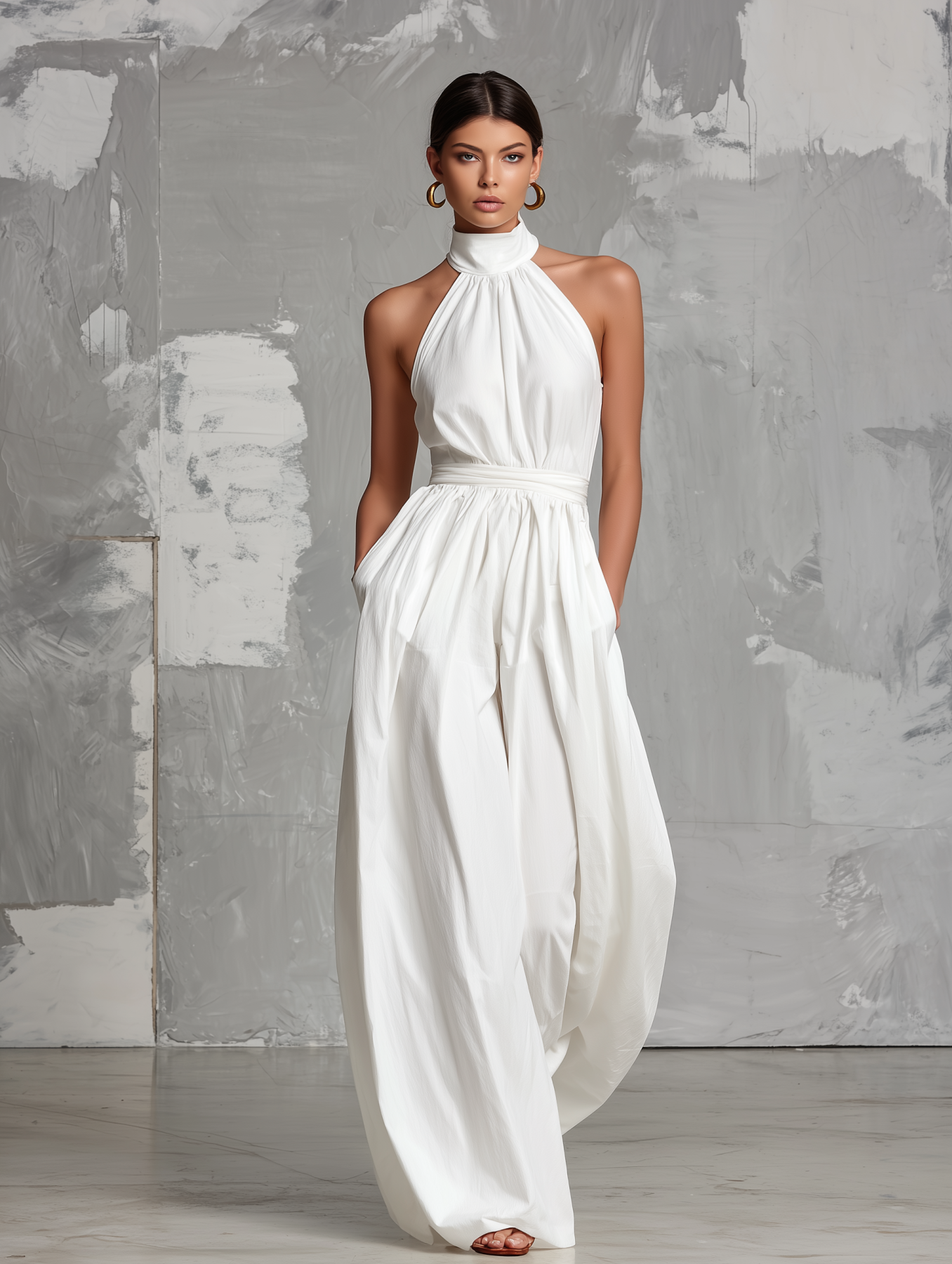 Cotton Linen Halter Neck Jumpsuit with High Waist and Wide Leg Design for Women