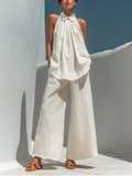 Linen Sleeveless Collared Top & Wide Leg Pants Set - Flowy Summer Outfit for Women