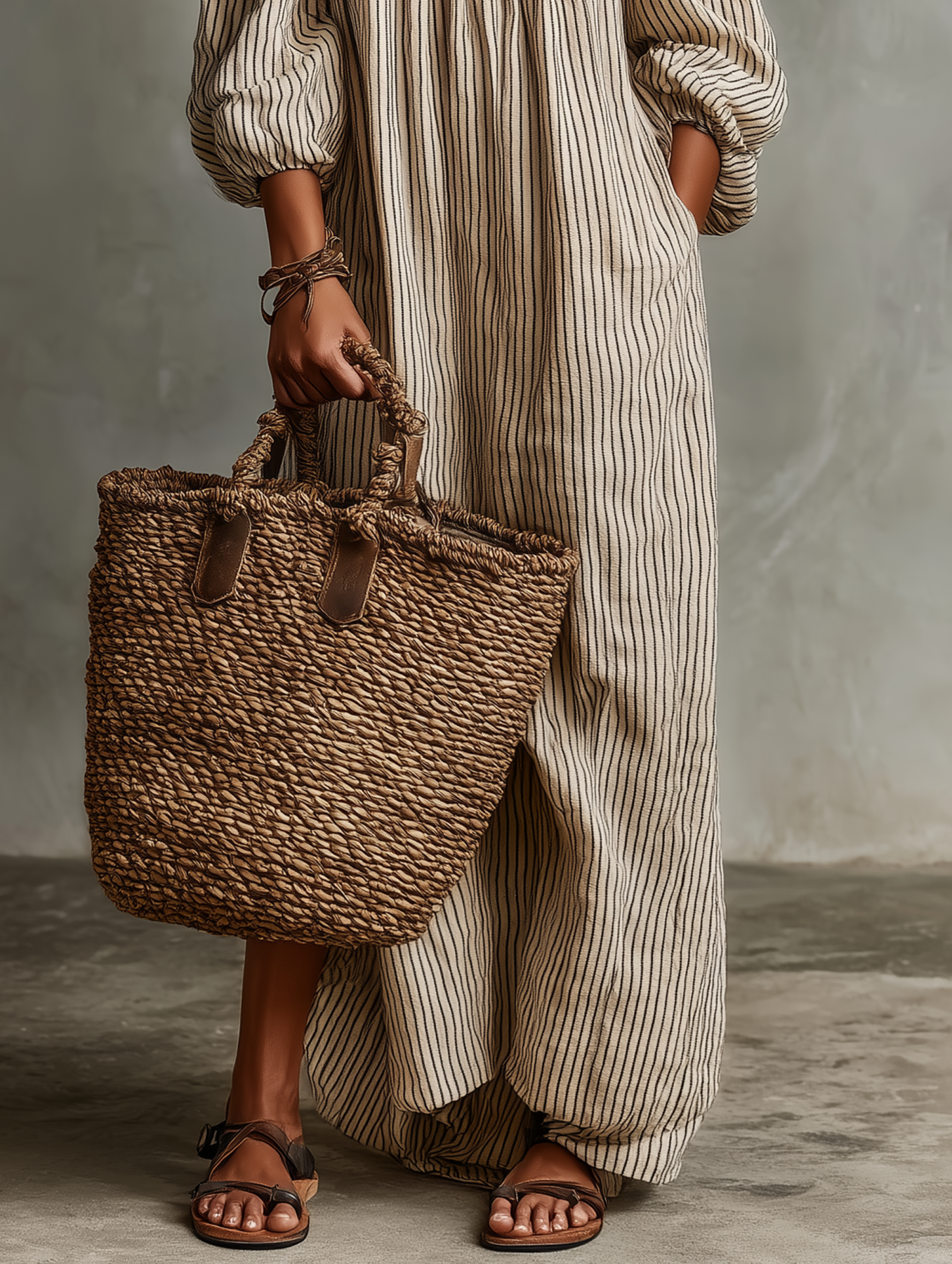 Linen Striped Off-Shoulder Maxi Dress with Puff Sleeves and Wide Leg Design