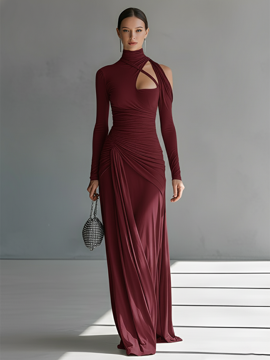Stretch Knit Long Sleeve High Neck Draped Maxi Dress with Cut-Out Detail