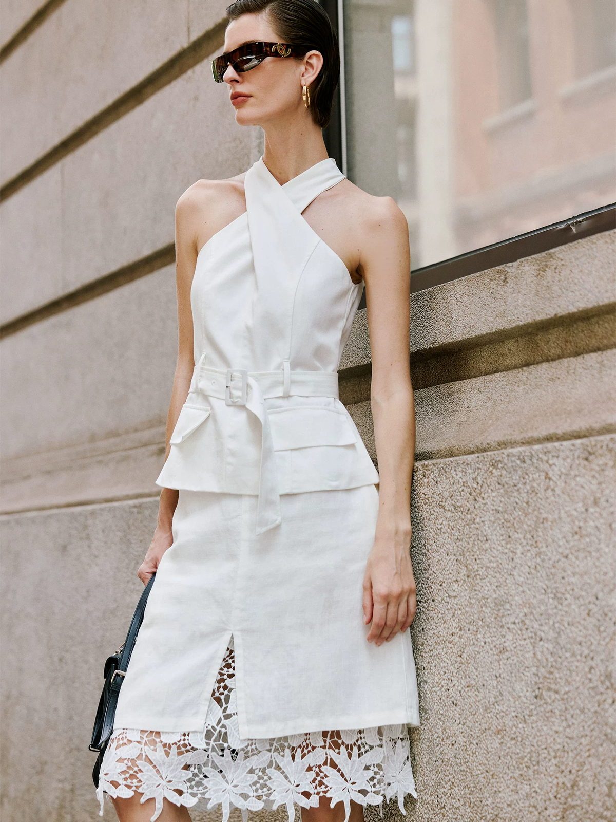 Patchwork Hollow-Out Lace Tencel-Linen Skirt