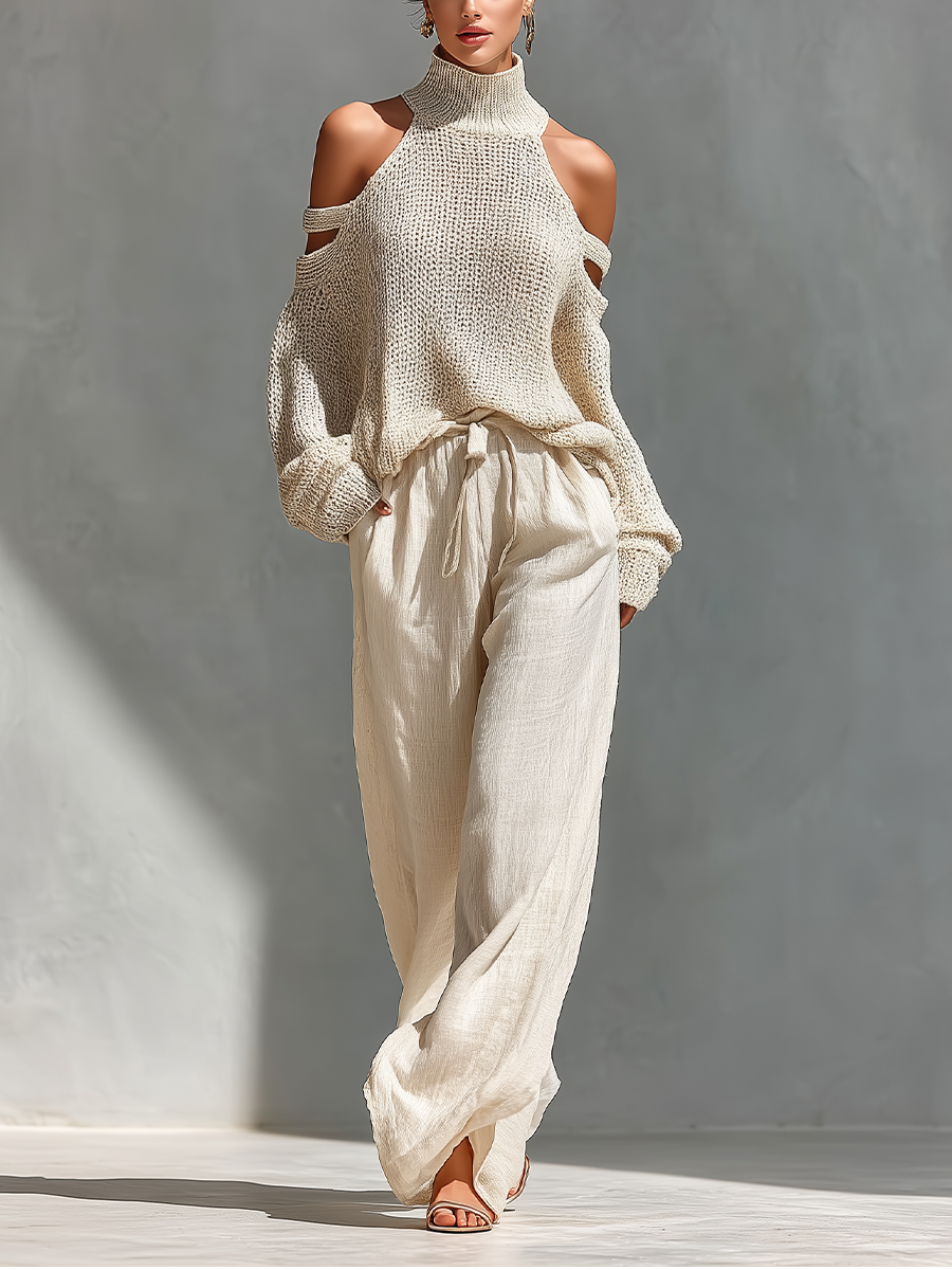 Knit Wool Off-Shoulder High Neck Sweater Set with Linen Wide Leg Pants