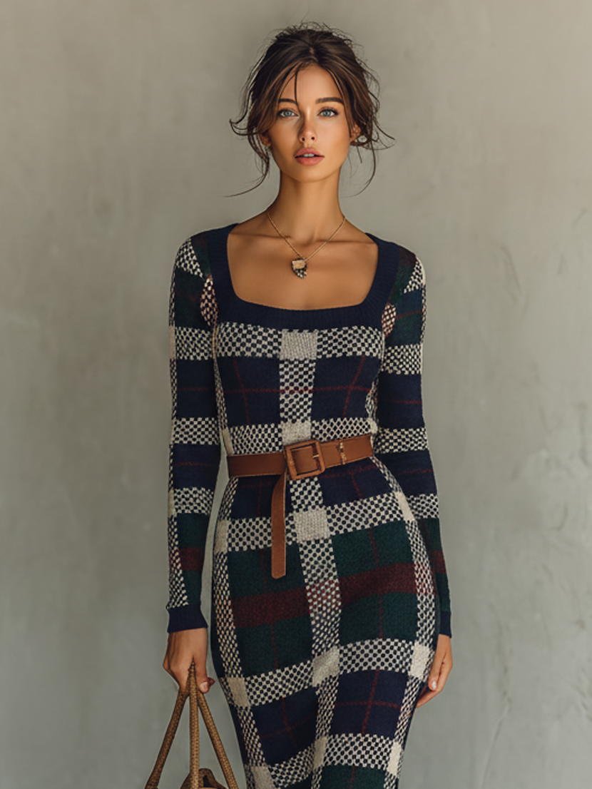 Knitted Plaid Long Sleeve Jumpsuit with Square Neck and Belted Waist for Women