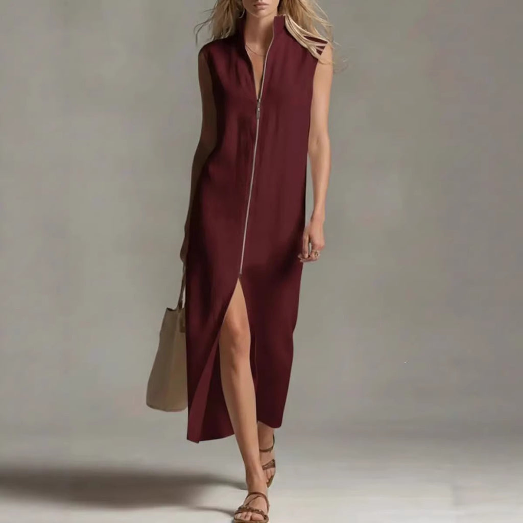 Stand Collar Zip Front Sleeveless Midi Dress