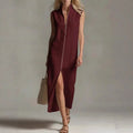 Stand Collar Zip Front Sleeveless Midi Dress