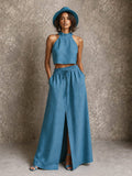 Ensemble jupe longue et crop top col montant en lin