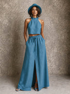Ensemble jupe longue et crop top col montant en lin