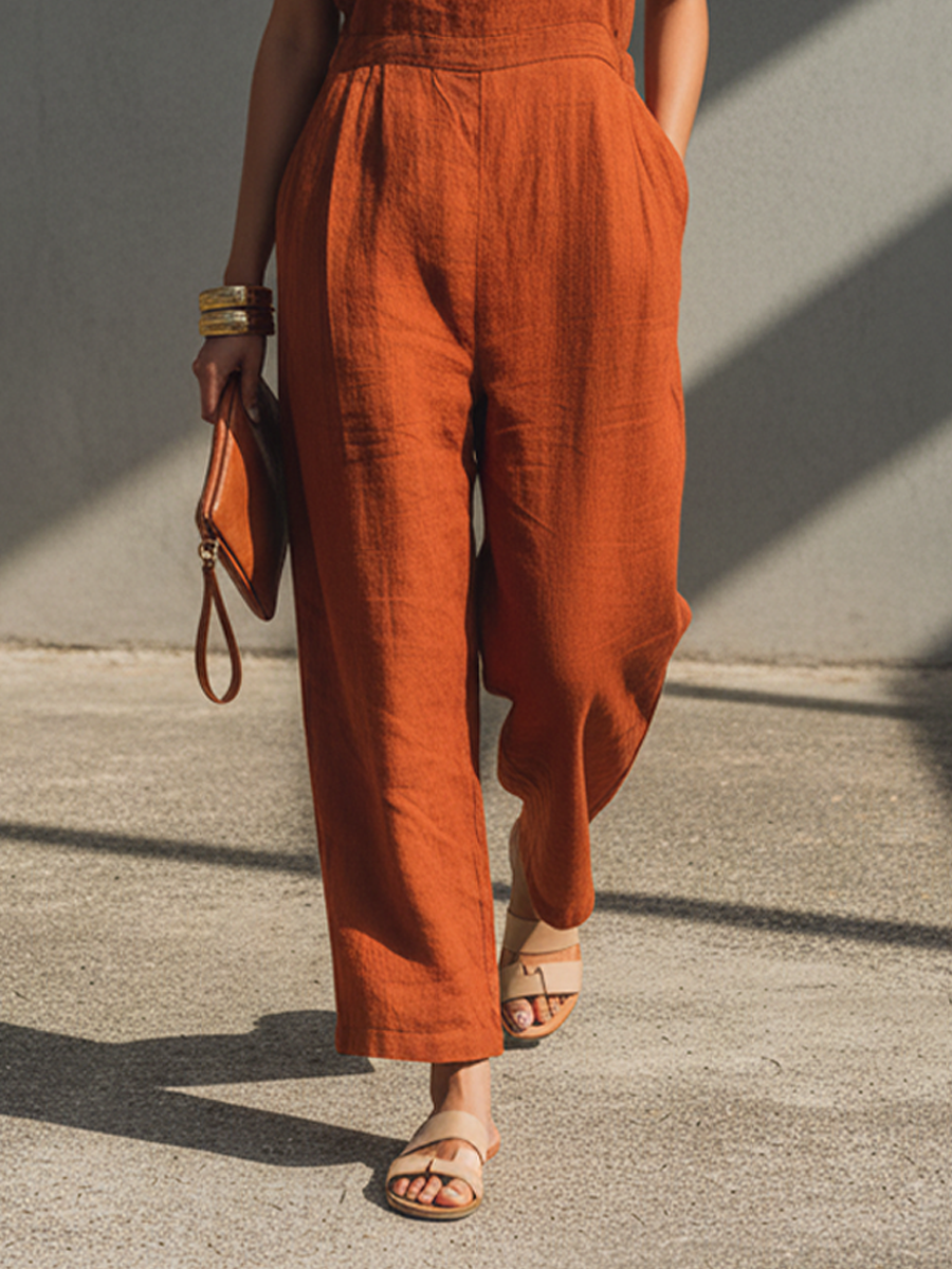 Linen Overalls Women Rust Color Sleeveless Jumpsuit Wide Leg Casual Summer Outfit Comfortable Breathable Dress