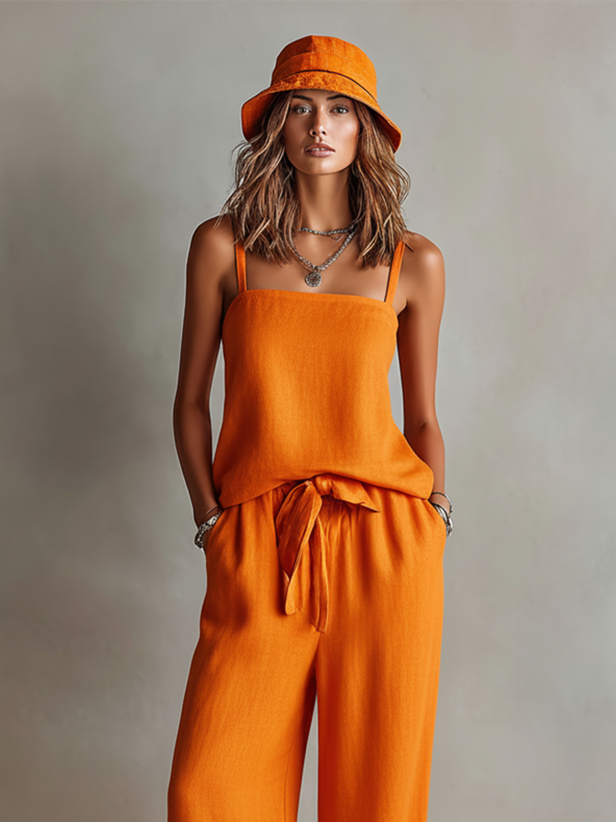 Linen Women's Orange Jumpsuit with Wide Leg and Adjustable Straps