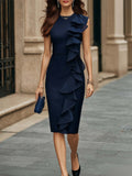 Navy Blue Chiffon Ruffle Sheath Dress