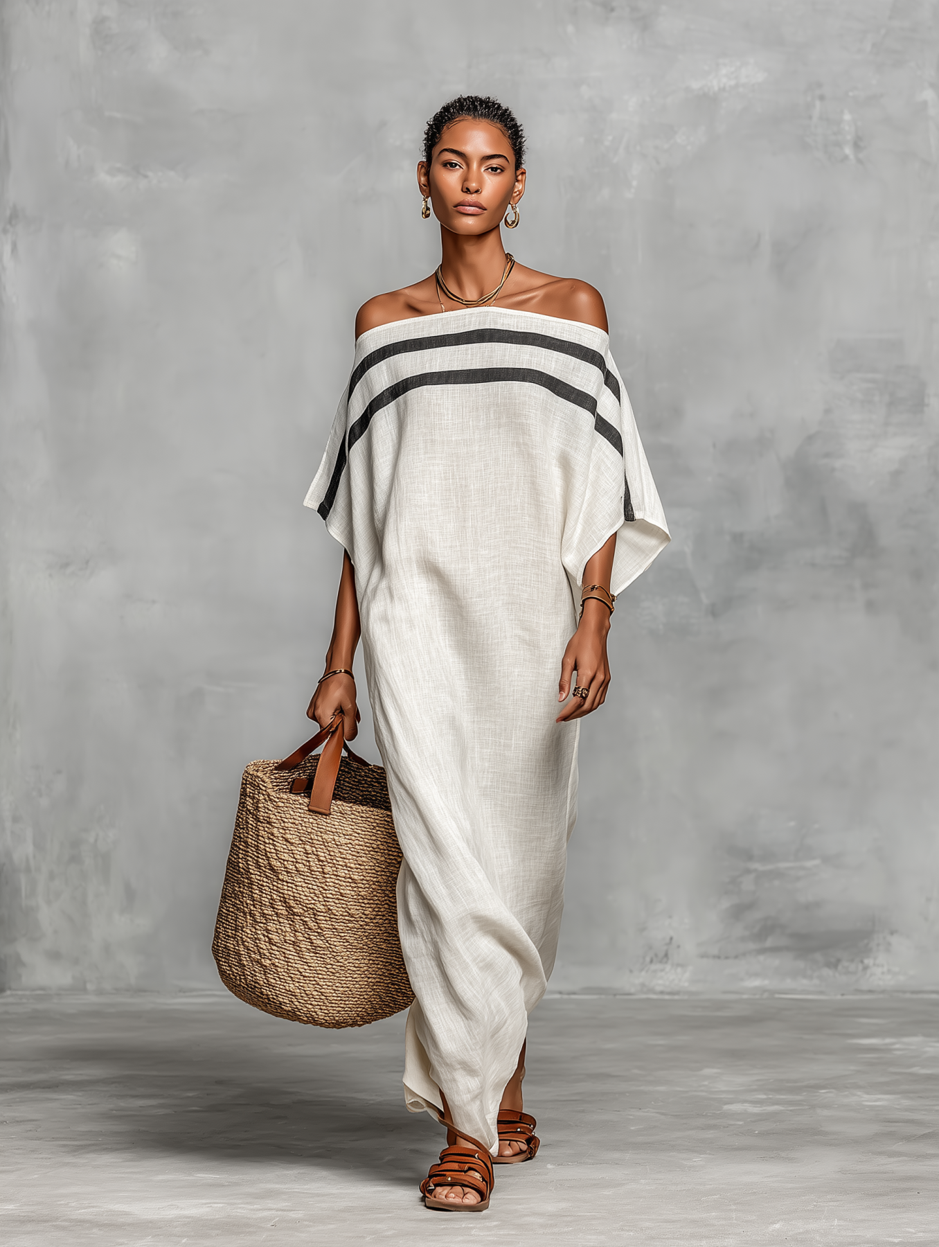 Striped Detail Linen Off-Shoulder Maxi Dress