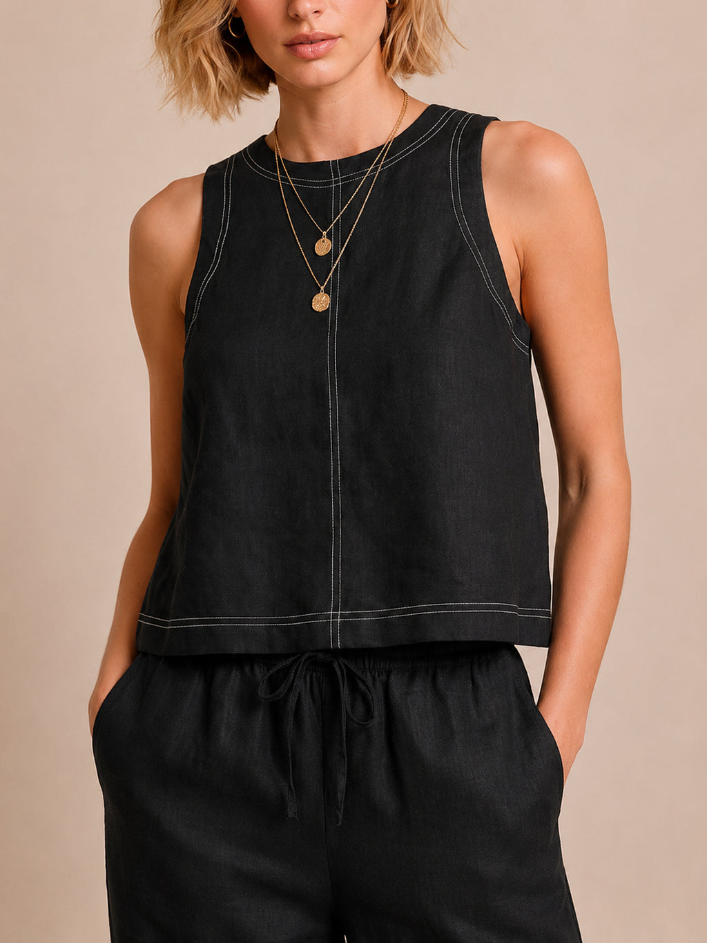 Linen-Blend Sleeveless Top & Wide-Leg Pants Set with Contrast Stitching