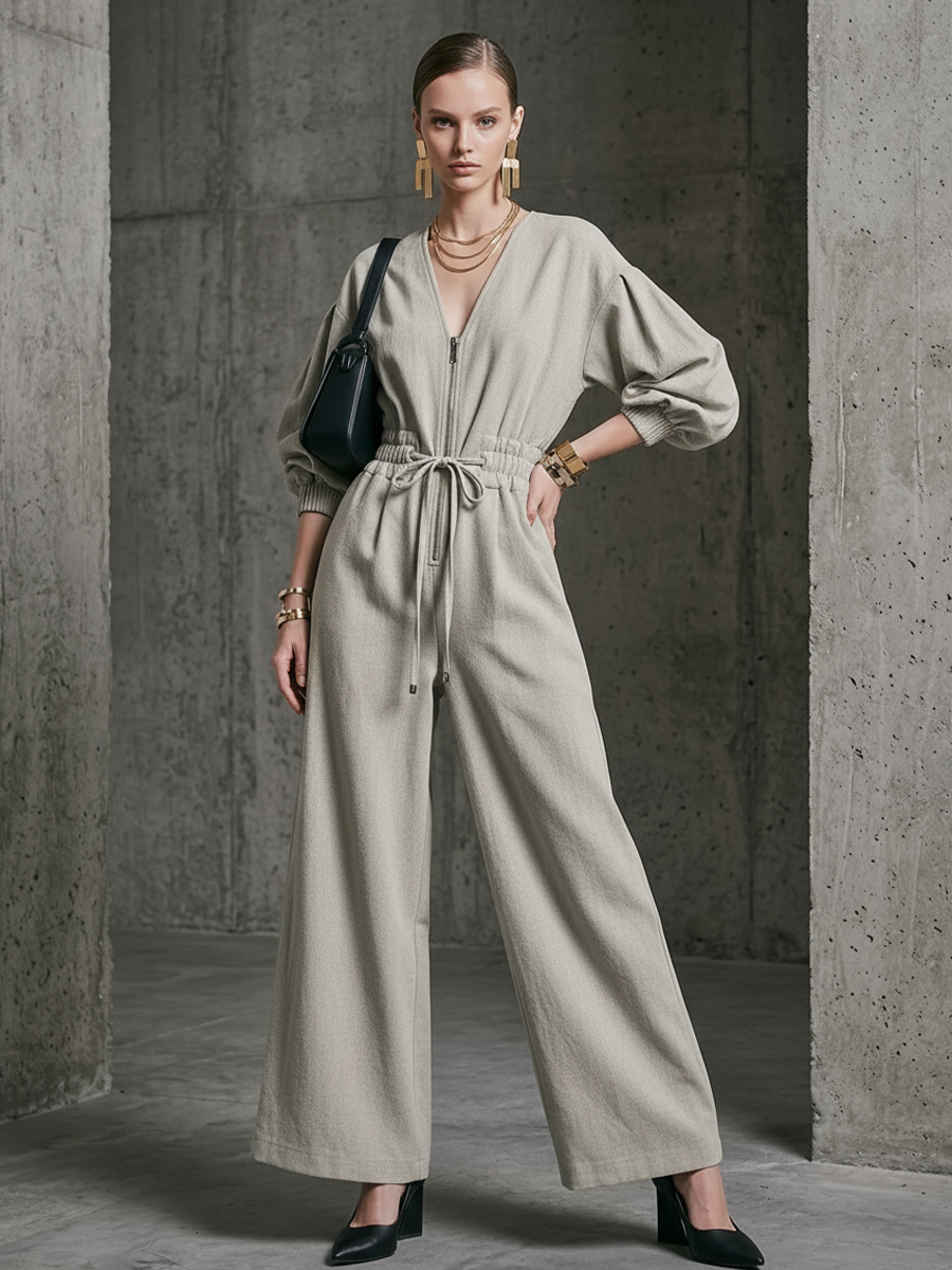 Cotton Blend Wide Leg Jumpsuit with Deep V-Neck and Drawstring Waist