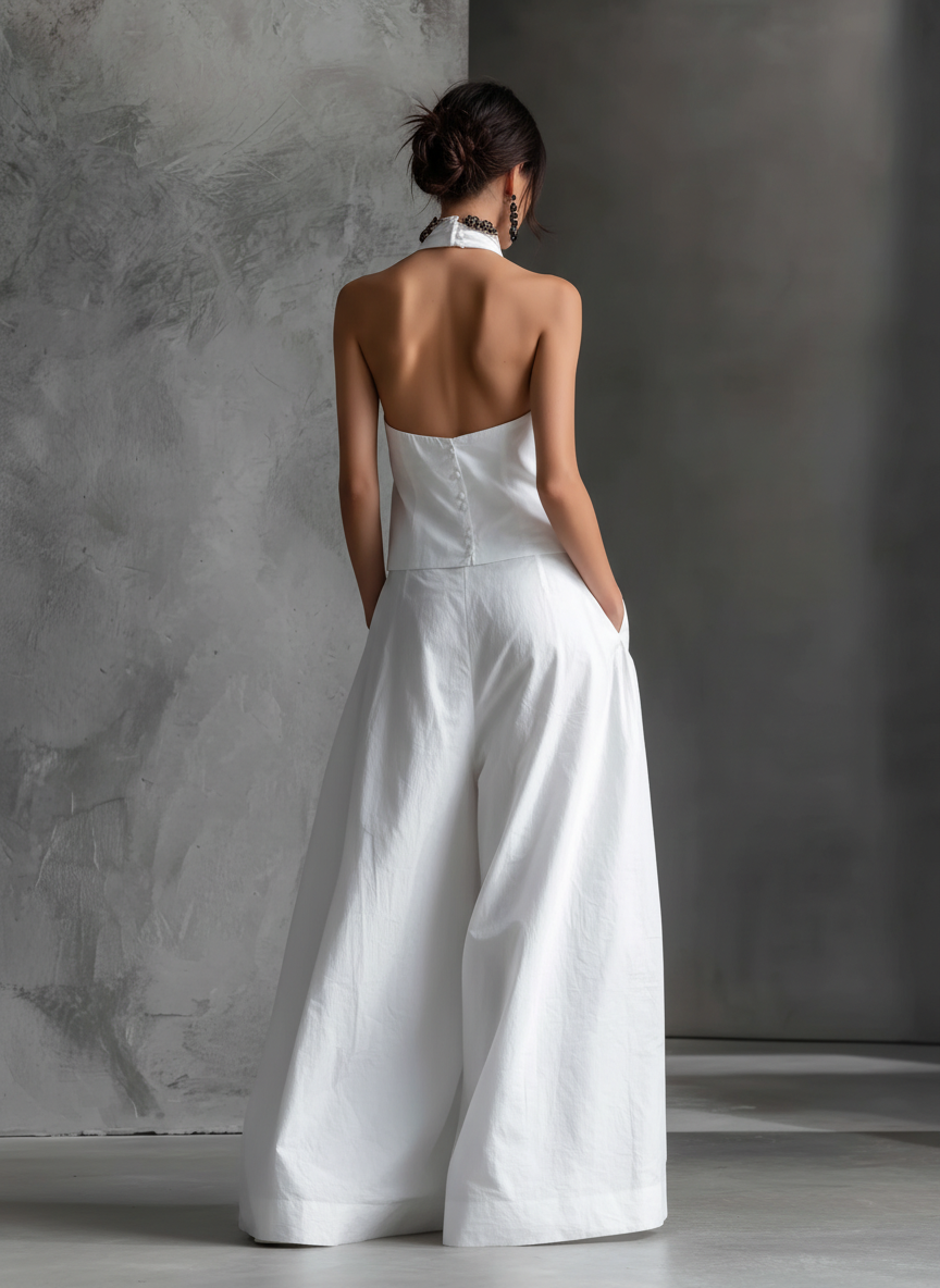 Cotton Linen Halter Maxi Dress with Tie Neck and Flowy Skirt