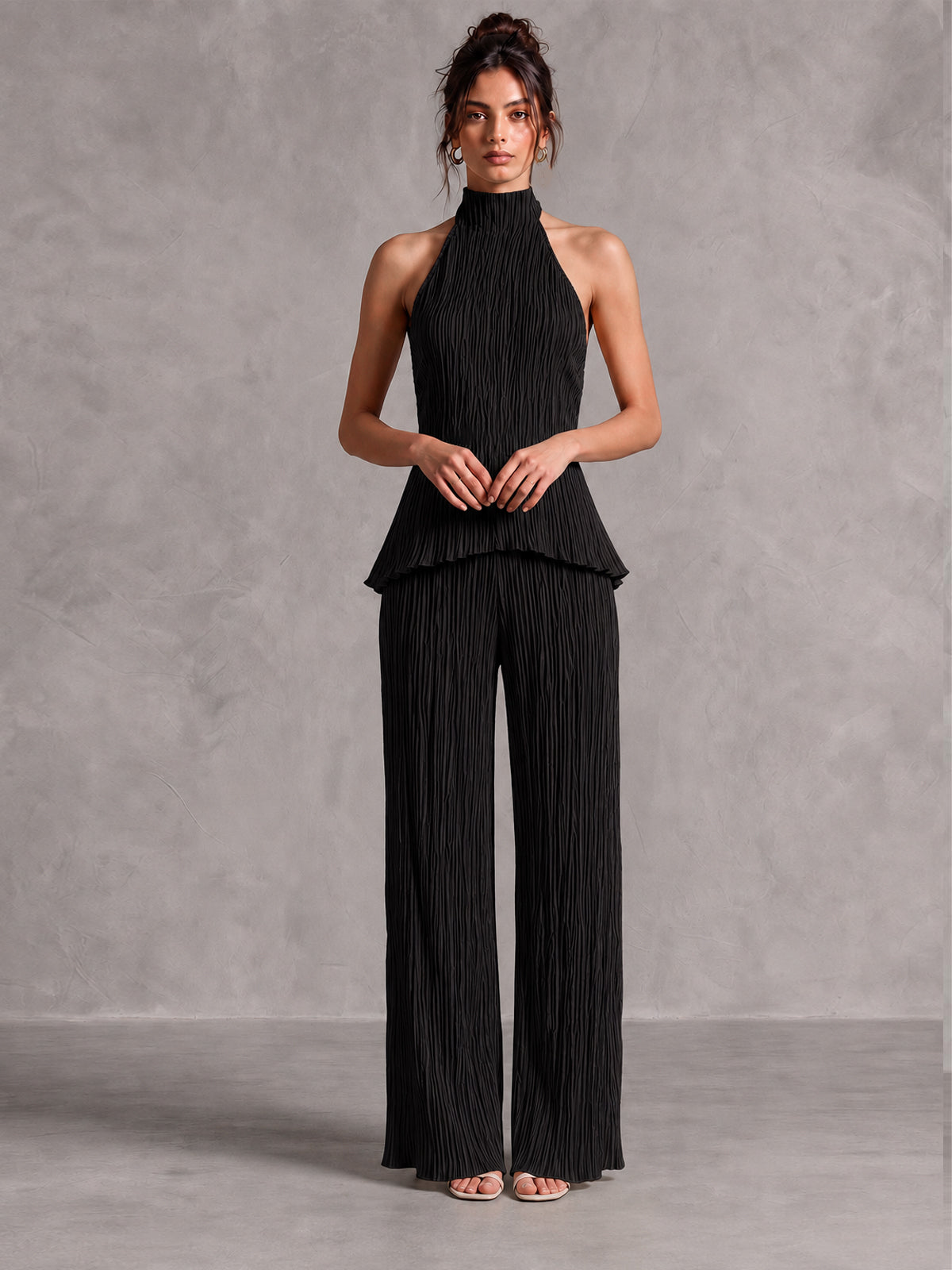 Pleated Co-Ord Set – Halter Top & Wide-Leg Pants