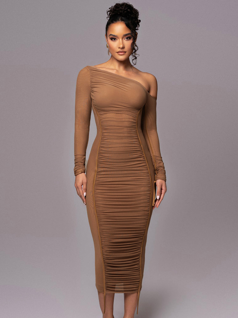 One-Shoulder Mesh Ruched Bodycon Dress